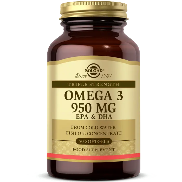 Solgar Omega 3 950 mg Yüksek EPA DHA Balık Yağı 50 Kapsül kutu ve ambalaj