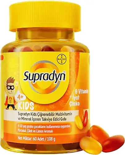Supradyn Kids Çiğnenebilir Multivitamin ve Mineral 60 Adet kutu ve ambalaj