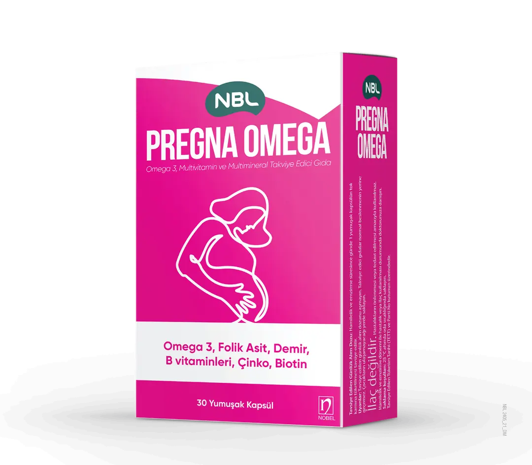 NBL Pregna Omega 3 Multivitamin Hamilelik Takviyesi 30 Kapsül kutu ve ambalaj