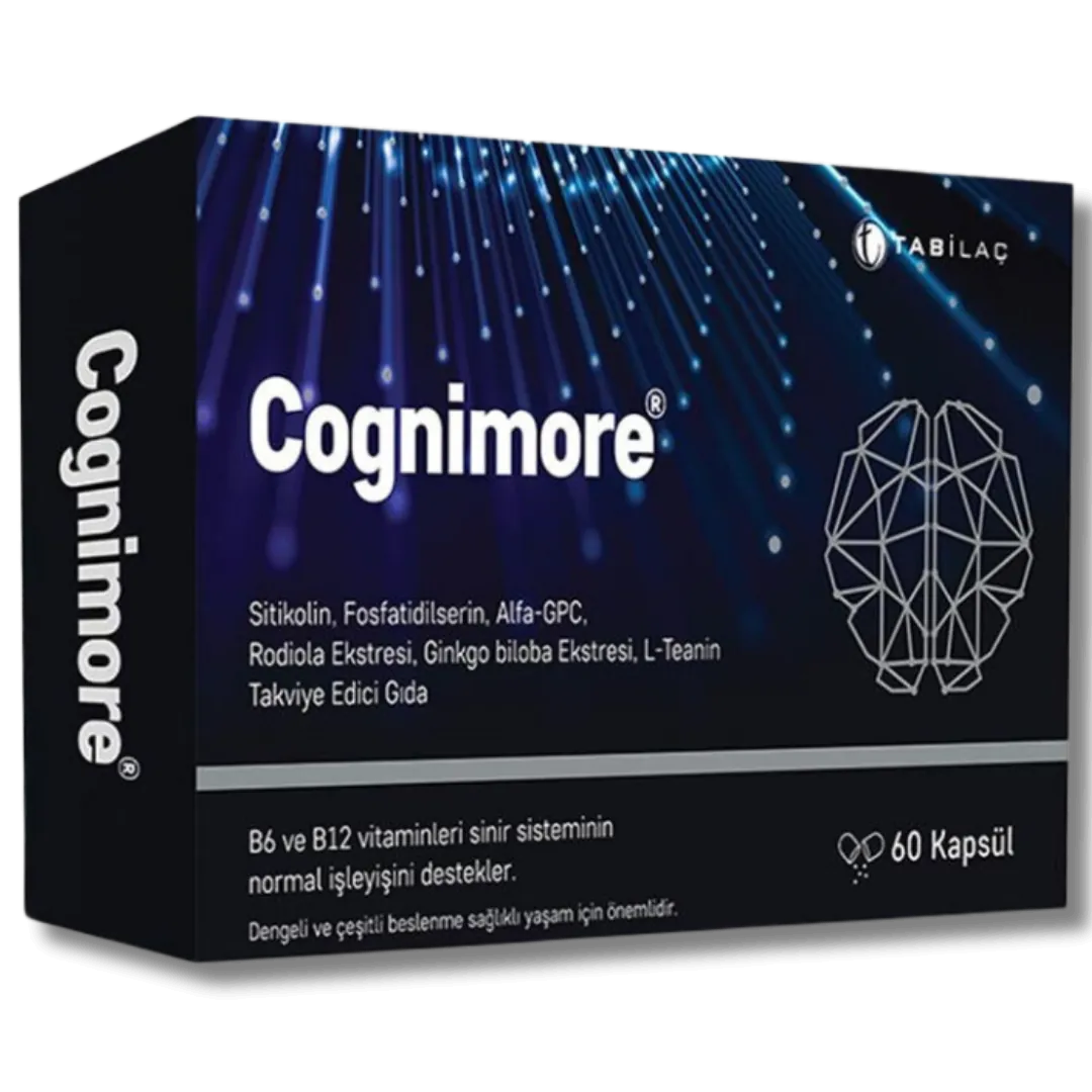 TAB İlaç Cognimore Kapsül Sitikolin Fosfatidilserin Alfa GPC Rodiola Ekstresi Ginkgo Biloba Ekstresi ve L-Teanin İçeren Takviye Edici Gıda 60 Kapsül kutu ve ambalaj
