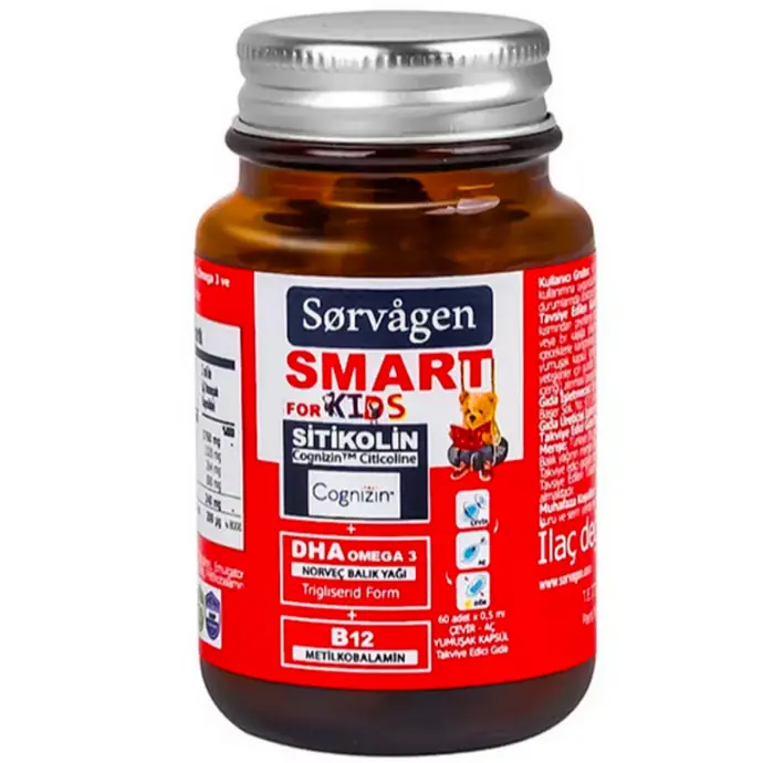 Sorvagen Smart For Kids Kapsül Sitikolin DHA Omega 3 B12 Vitamini 60 Kapsül kutu ve ambalaj