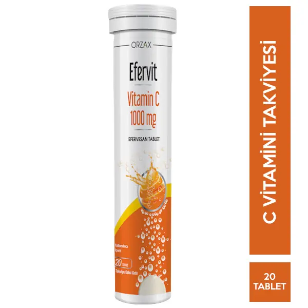 Orzax Efervit C Vitamini 1000 mg Efervesan Tablet Bağışıklık Destekleyici 20 Adet kutu ve ambalaj