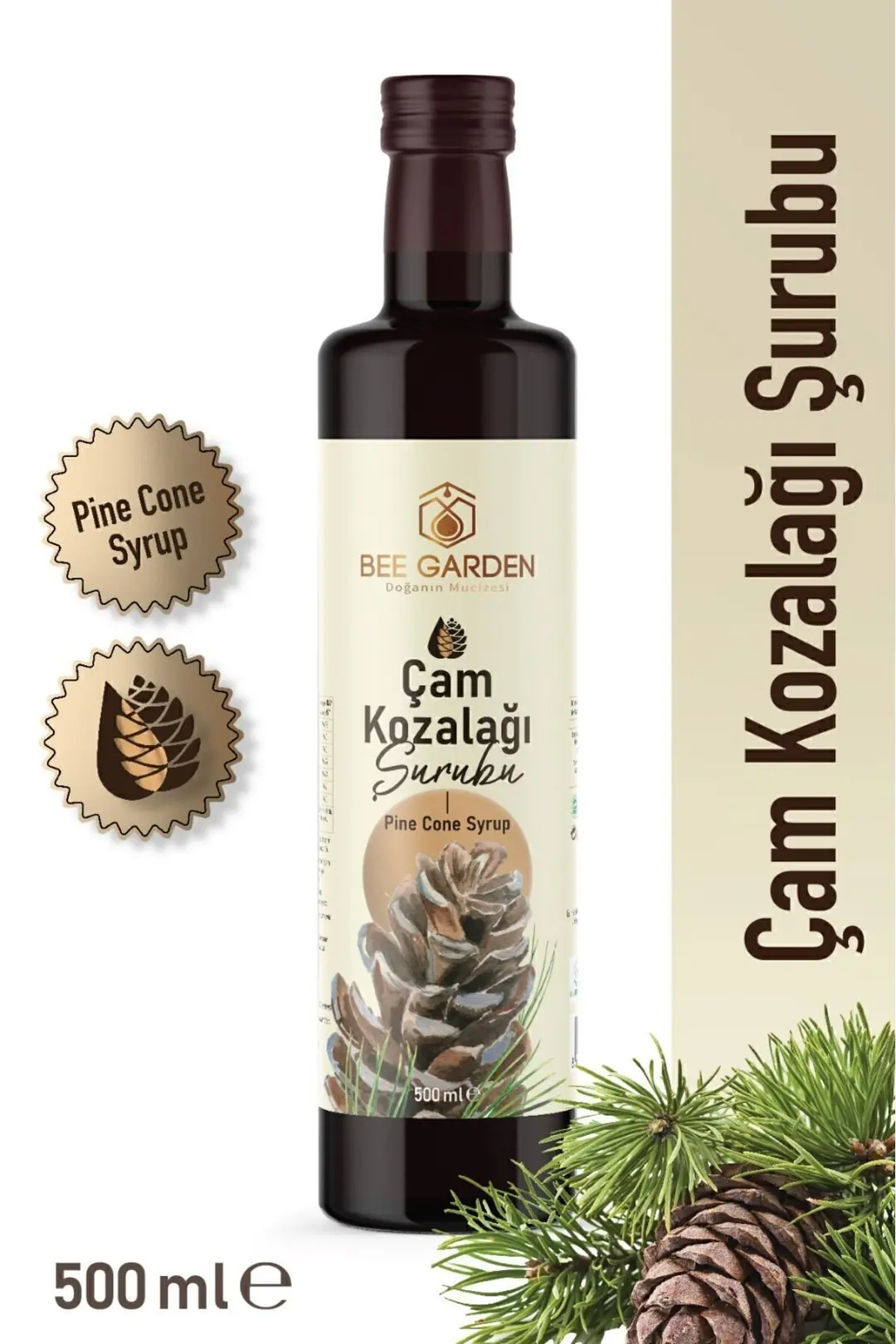 Bee Garden Çam Kozalağı Şurubu Cam Şişe 500 ml kutu ve ambalaj