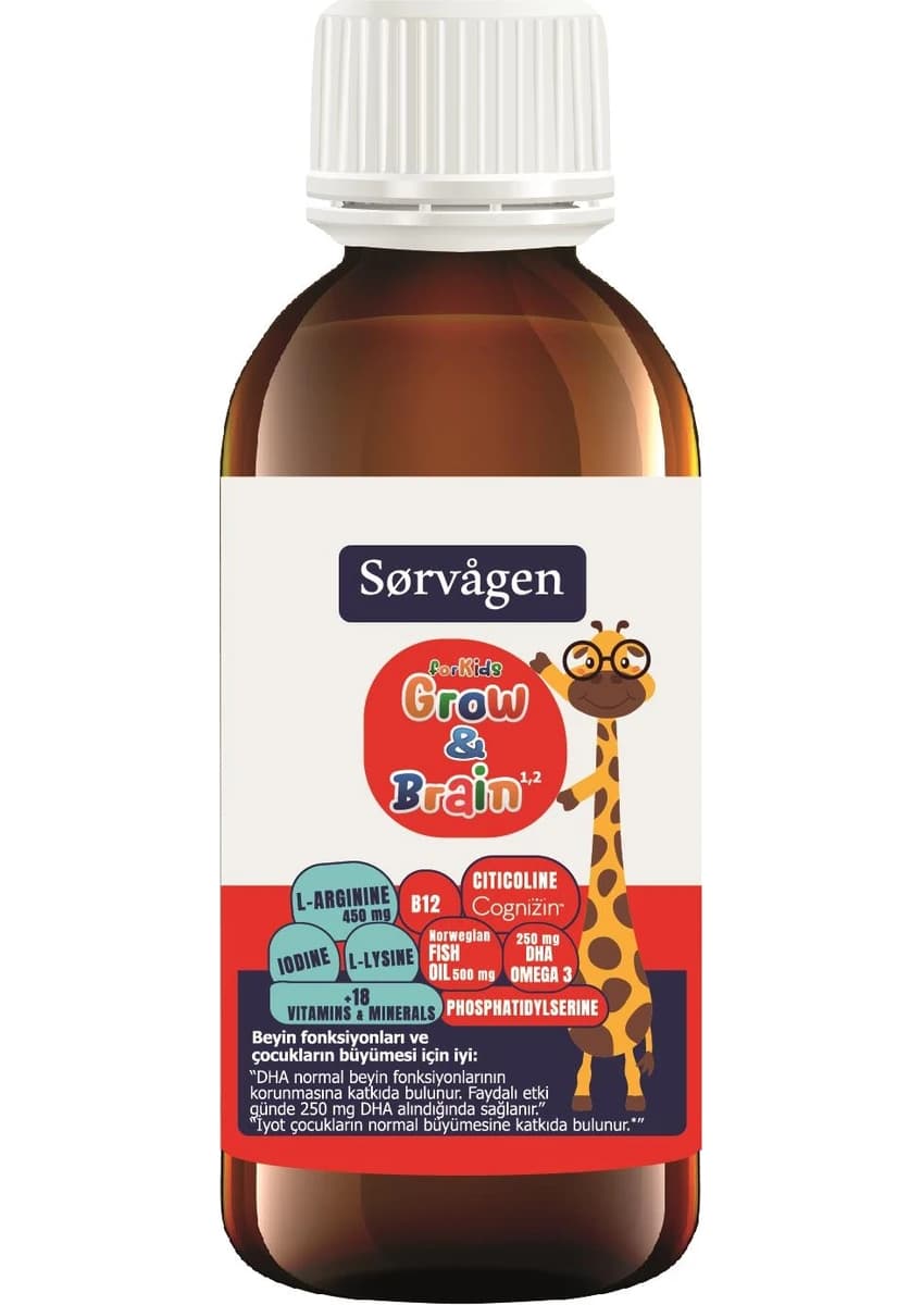 Sorvagen For Kids Grow and Brain Sıvı L-Arjinin DHA Omega 3 Multivitamin 150 ml kutu ve ambalaj