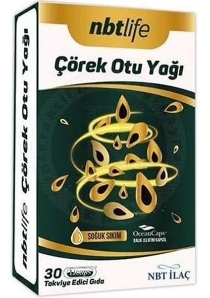 NBT Life Nbtlife Çörek Otu Yağı Kapsül Çörek Otu Yağı İçeren Takviye Edici Gıda 30 Kapsül kutu ve ambalaj