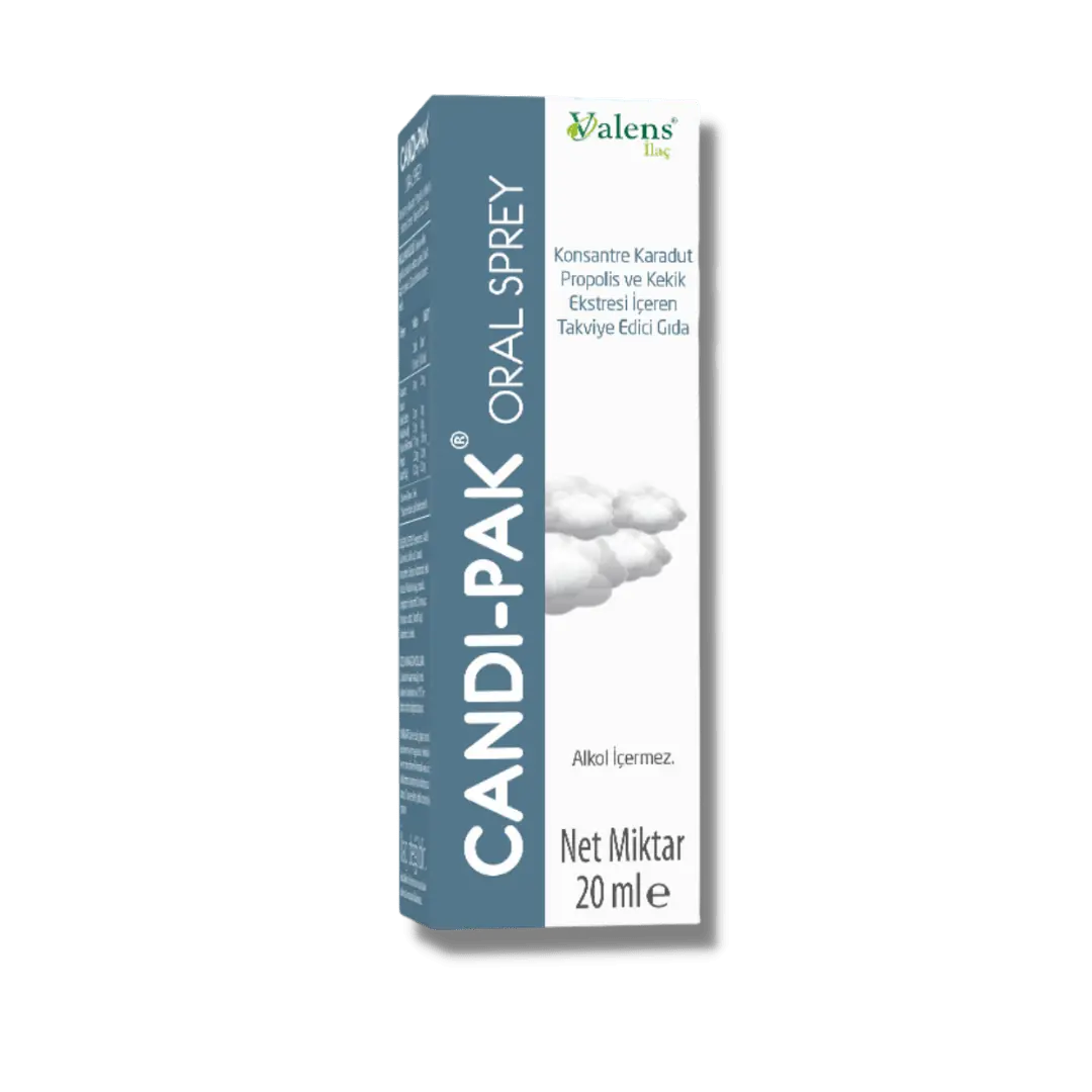 Candi-Pak Oral Sprey Karadut Propolis Kekik Takviyesi 20 ml kutu ve ambalaj