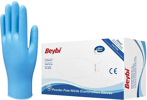 Beybi Nitril Eldiven Mavi (S) Küçük Boy 100 Adet (Pudrasız) ürün ve ambalaj