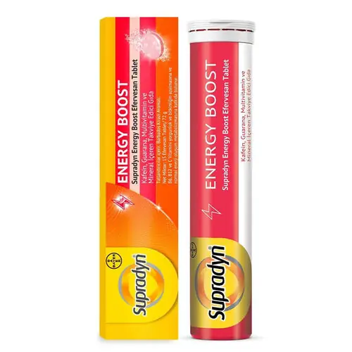 Supradyn Energy Boost Efervesan Tablet (Kafein Guarana Multivitamin Mineral) 15 Tablet kutu ve ambalaj