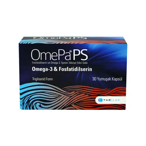 TAB İlaç Omepa PS Yumuşak Kapsül Fosfatidilserin ve Omega 3 İçeren Takviye Edici Gıda 30 Kapsül kutu ve ambalaj