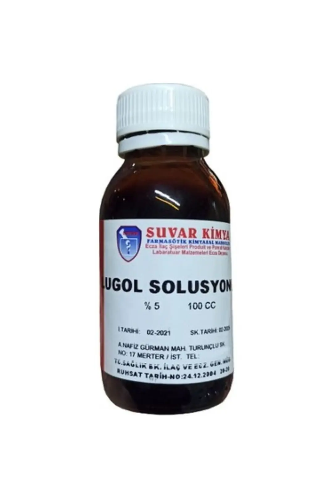 Suvar Kimya Suvar Lugol Solüsyonu %2 İyot Çözeltisi 100 ml kutu ve ambalaj
