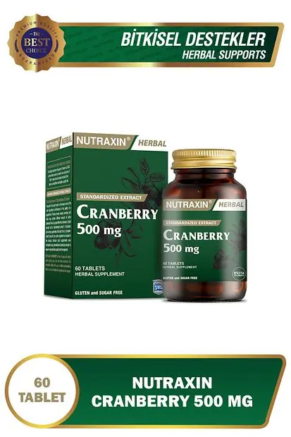 Nutraxin Herbal Cranberry Tablet Turna Yemişi Takviyesi 60 Tablet kutu ve ambalaj