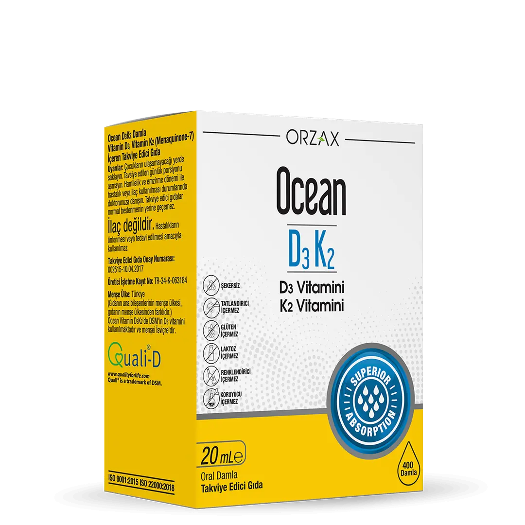 Orzax Ocean D3K2 Damla Kemik Sağlığı 20 ml kutu ve ambalaj