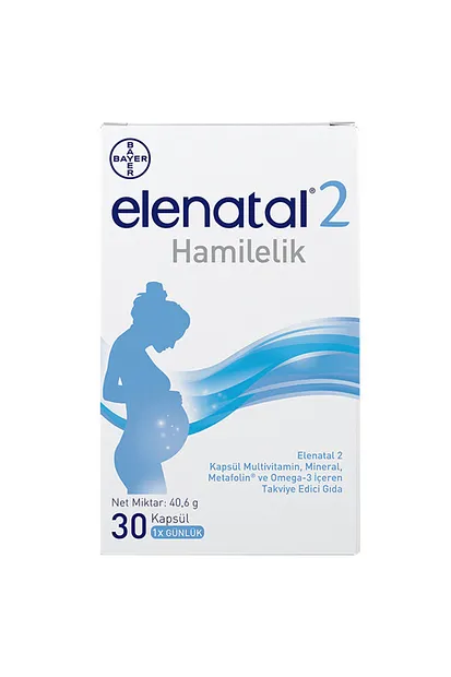 Elenatal 2 Kapsül Multivitamin Mineral ve Omega 3 Takviyesi 30 Kapsül kutu ve ambalaj