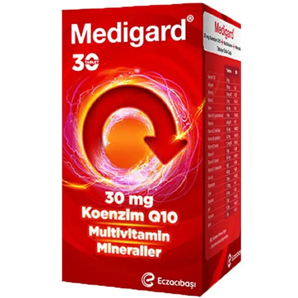 Eczacıbaşı Medigard Koenzim Q10 Vitamin Mineral Kompleks Tablet Takviye Edici Gıda 30 Tablet kutu ve ambalaj