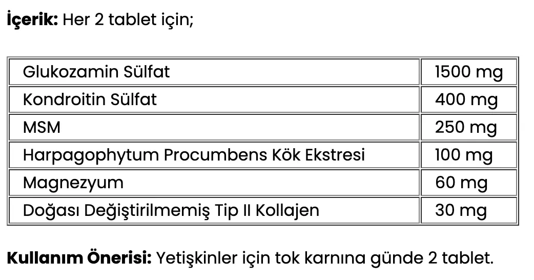 Orzax Ocean Glucosamine Complex 60 Tablet 1 Alana 1 Hediye içerik tablosu ve besin değerleri