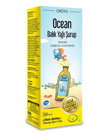 Orzax Ocean Limon Aromalı Balık Yağı 150 ml Şişe kutu ve ambalaj