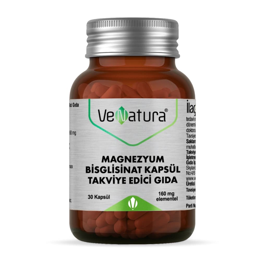 VeNatura Magnezyum Bisglisinat 160 mg Yüksek Emilim 30 Kapsül kutu ve ambalaj