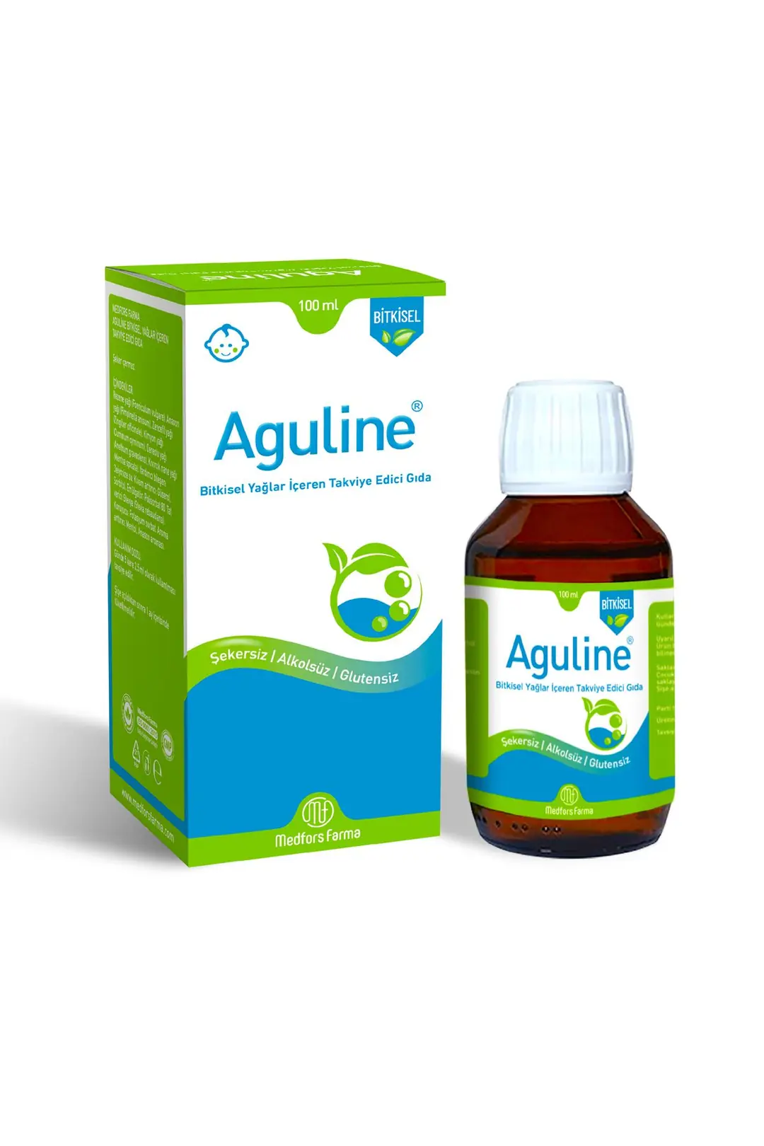 Medfors Farma Aguline Sıvı Bitkisel Yağlar İçeren Takviye Edici Gıda 100 ml Şişe kutu ve ambalaj