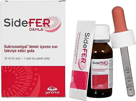 Sidefer Damla Sukrozomiyal Demir Takviyesi 30 ml Şişe + 1 Saşe kutu ve ambalaj