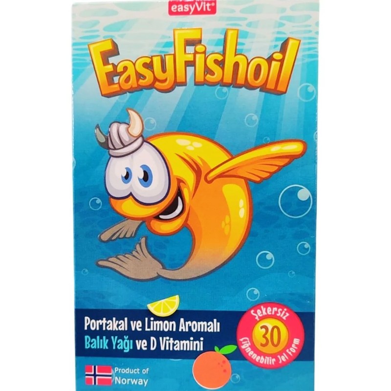 EASYVIT EASYFISHOIL BALIK YAĞI + D VİTAMİNİ ÇİĞNENEBİLİR JEL FORM (LİMON VE PORTAKAL), OMEGA 3 VE D VİTAMİNİ İÇEREN TAKVİYE EDİCİ GIDA 30 ADET