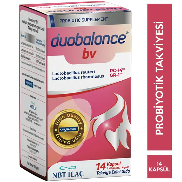 NBT İlaç Duobalance BV Kapsül Vajinal Probiyotik Takviyesi 14 Adet kutu ve ambalaj