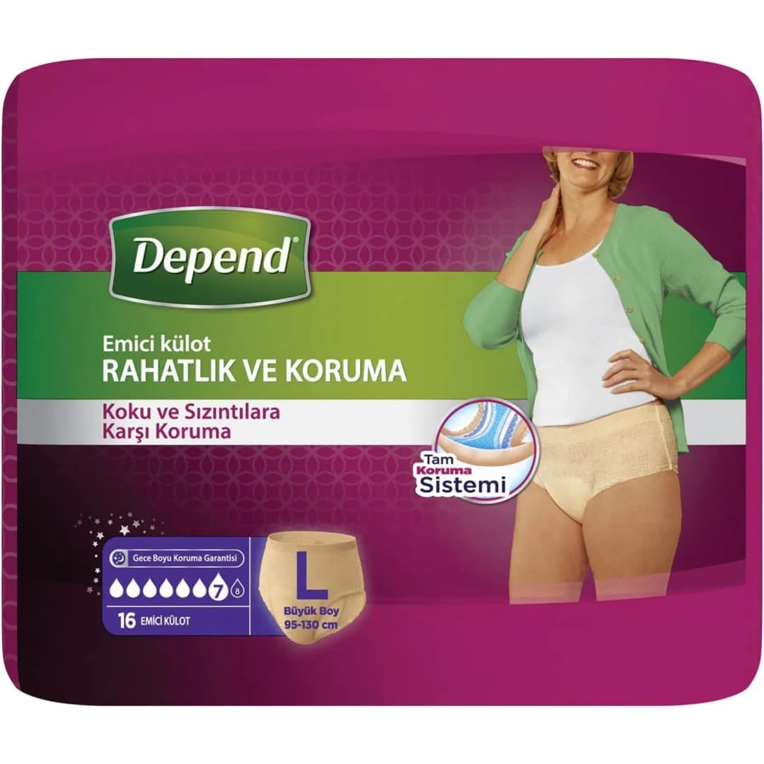 Depend Emici Külot Kadın Büyük 16 lı ürün ve ambalaj