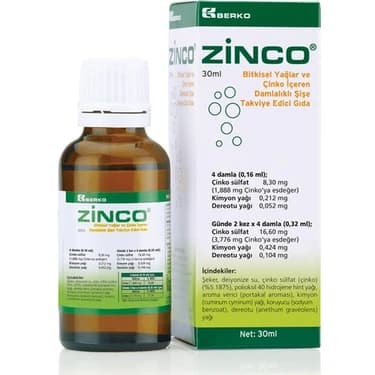 Berko Zinco Bitkisel Yağlar + Çinko Damla 30 ml kutu ve ambalaj