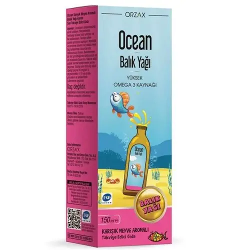 Orzax Ocean Karışık Meyve Aromalı Balık Yağı 150 ml Şişe kutu ve ambalaj