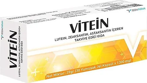 Tedafarma Vitein Lutein Zeaksantin Astaksantin İçeren Takviye Edici Gıda 30 Kapsül kutu ve ambalaj