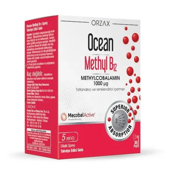 Orzax Ocean Methyl B12 1000 mcg Dilaltı Sprey 5 ml ürün ambalajı