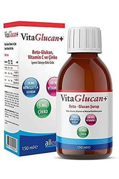 Heka Farma Vitaglucan+ Şurup Beta-Glucan C Vitamin ve Çinko İçeren Takviye Edici Gıda 150 ml kutu ve ambalaj