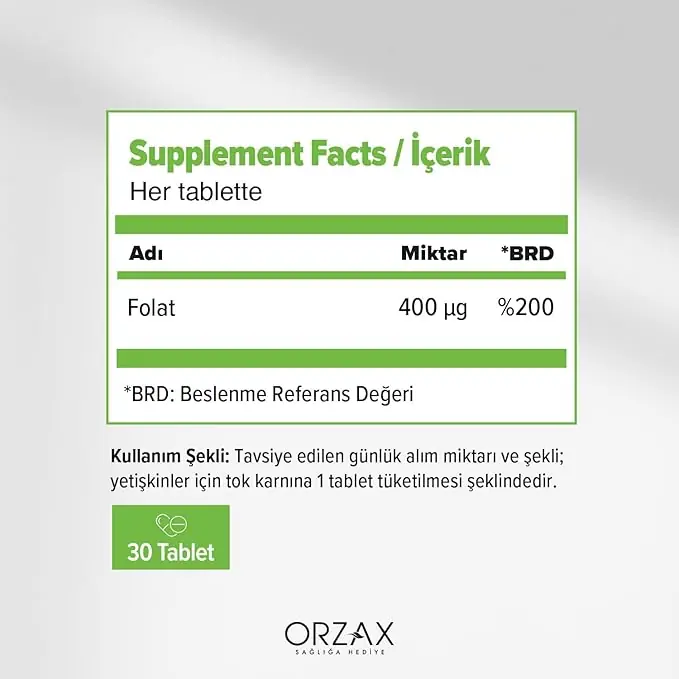 Orzax Ocean Methyl Folat Tablet 30 Tablet içerik tablosu ve besin değerleri