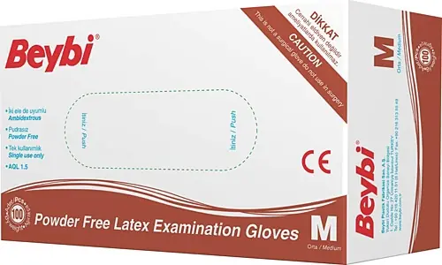 Beybi Lateks Eldiven (M) Orta Boy 100 Adet (Pudrasız) ürün ve ambalaj
