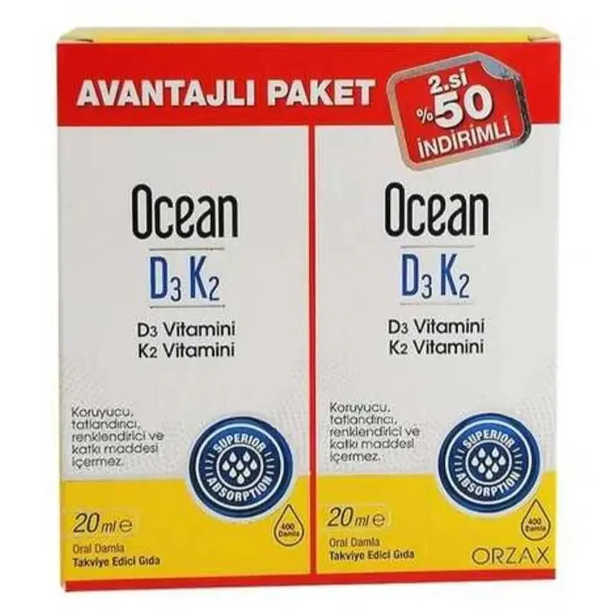 Orzax Ocean D3K2 Damla 2'li Avantaj Paketi kutu ve ambalaj