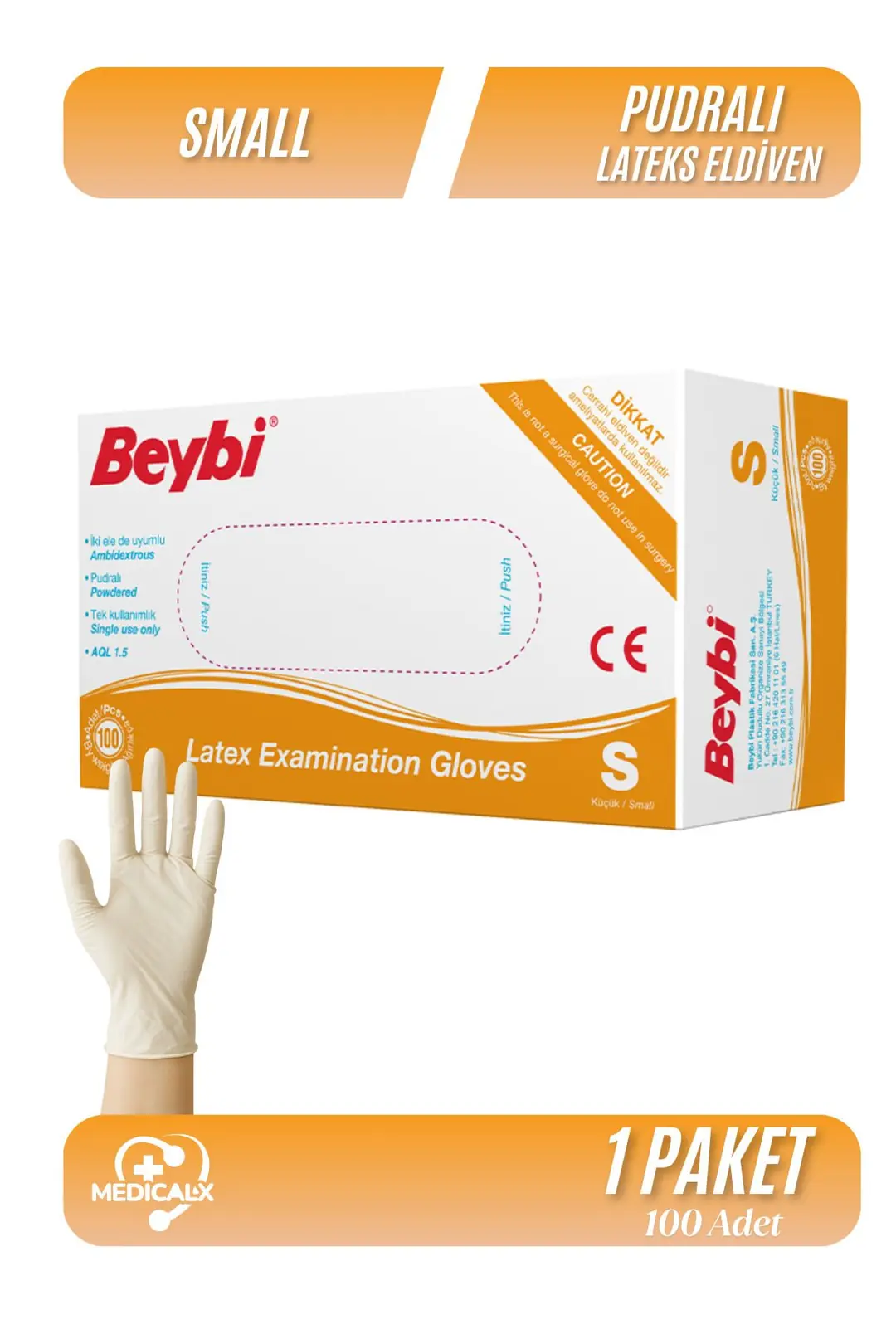 Beybi Lateks Eldiven (S) Küçük Boy 100 Adet (Pudralı) ürün ve ambalaj
