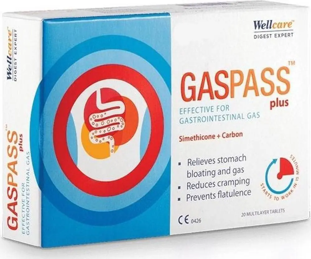 Wellcare Gaspass Plus Bi-layer Tablet Gaz ve Şişkinlik Giderici 20 Tablet kutu ve ambalaj