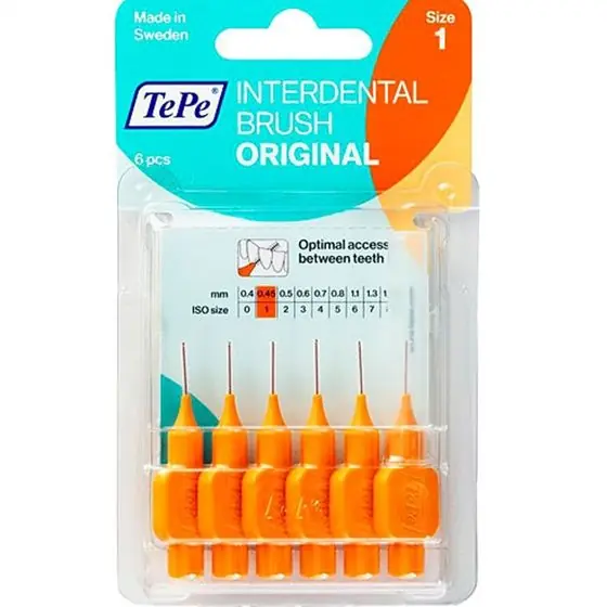 TePe T118 Arayüz Açılı Fırça Turuncu 0.45 mm 6'lı ürün ambalajı