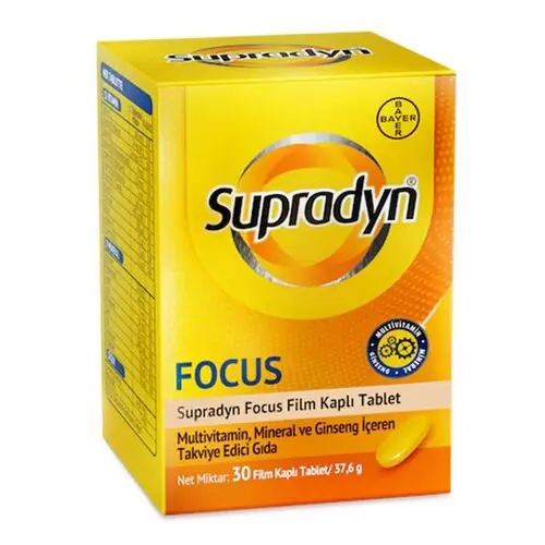 Supradyn Focus Film Kaplı Tablet (Multivitamin Mineral Ginseng) 30 Tablet kutu ve ambalaj