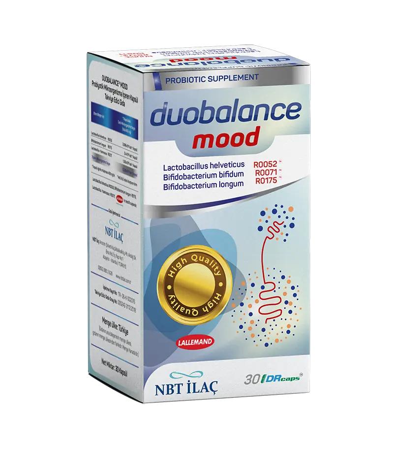 NBT İlaç Duobalance Mood Kapsül Ruh Hali Destekleyici Probiyotik 30 Adet kutu ve ambalaj