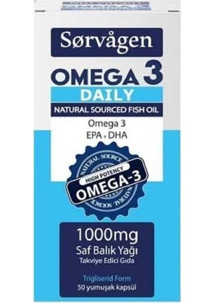 Sorvagen Omega 3 Daily Balık Yağı 1000 mg 50 Kapsül kutu ve ambalaj