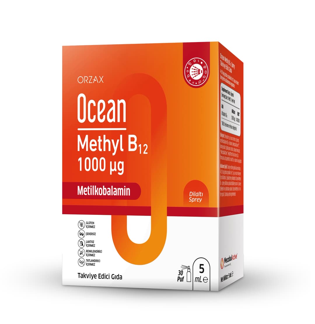 Orzax Ocean Methyl B12 1000 mcg Dilaltı Sprey 5 ml Şişe ürün ambalajı