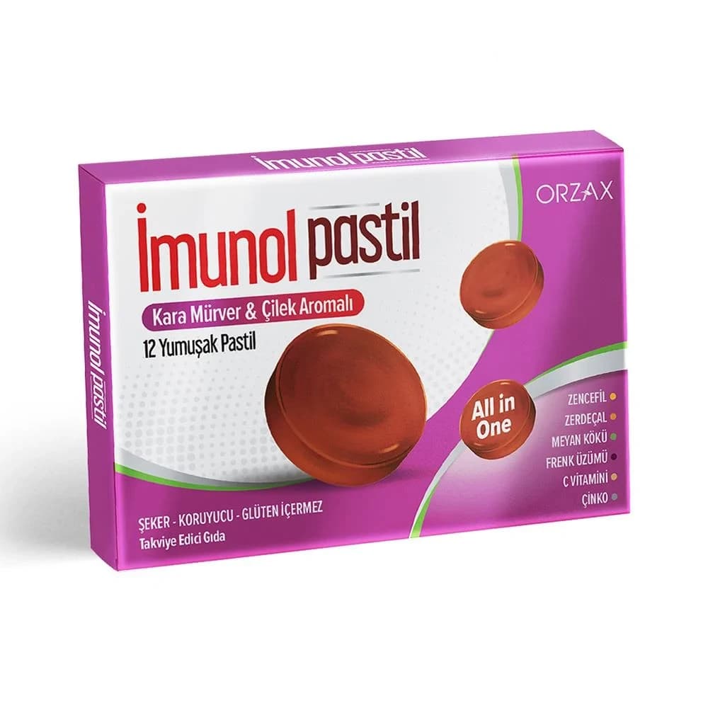 İmunol Pastil (kara Mürver & Çilek Aromali), Zencefil, Kara Mürver, C Vitamini, Çinko, Zerdeçal, Meyan Kökü, Frenk Üzümü İçeren Takviye Edici Gida 12 Pastil ürün görseli