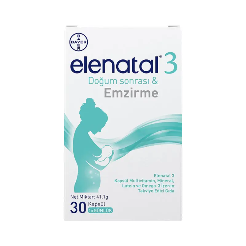 Elenatal 3 Kapsül Multivitamin Mineral Lutein ve Omega 3 Takviyesi 30 Kapsül kutu ve ambalaj