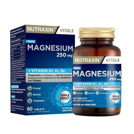 Nutraxin Vitals Daily Magnesium Tablet D3 Vitamini K2 Vitamini Magnezyum ve Vitamin B6 İçeren Takviye Edici Gıda 60 Tablet kutu ve ambalaj