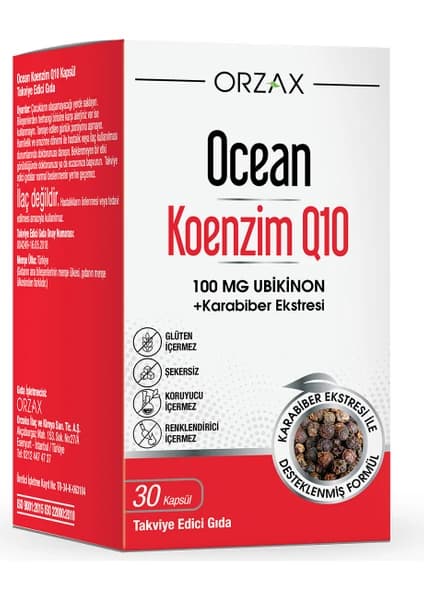 Orzax Ocean Koenzim Q10 100 mg Kapsül 30 Kapsül kutu ve ambalaj