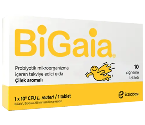 Bigaia Çiğneme Tableti Probiyotik Takviye 10 Adet kutu ve ambalaj