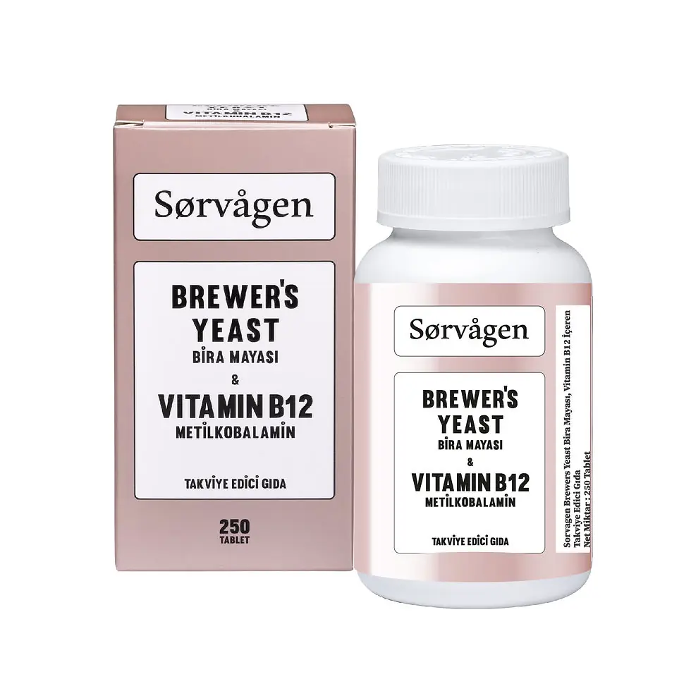 Sorvagen Brewers Yeast Bira Mayası + B12 Vitamini 250 Tablet kutu ve ambalaj