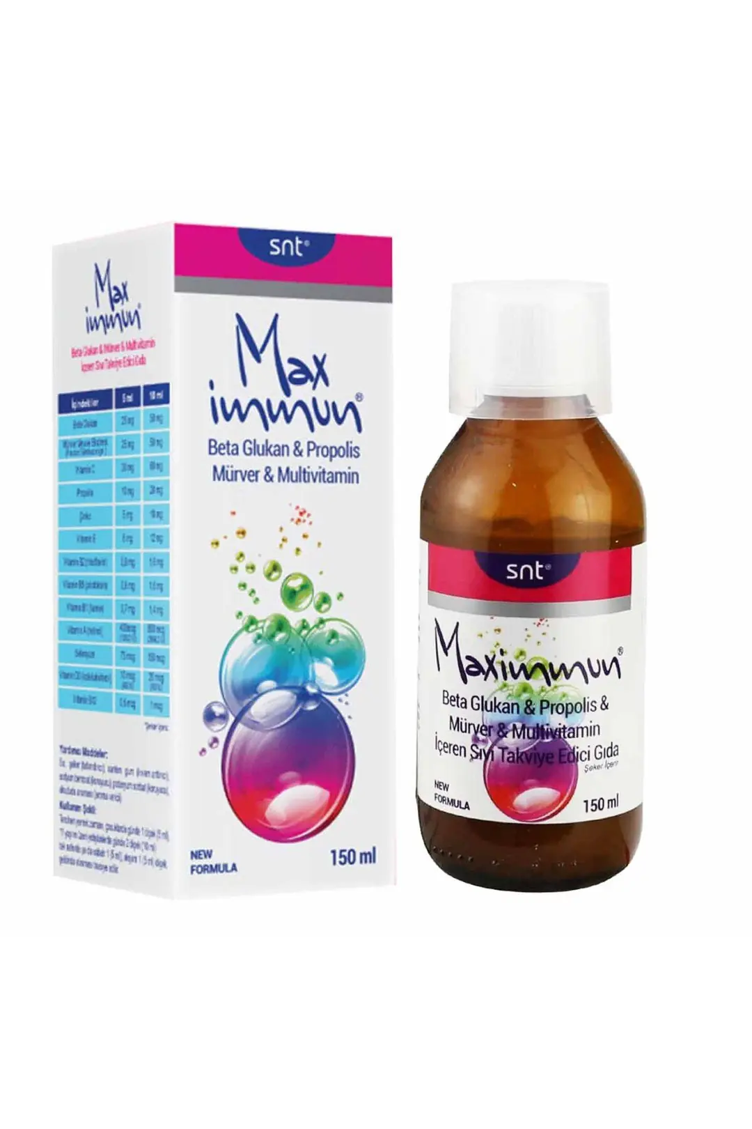 Max İmmun Maximmun Beta Glukan Propolis Mürver Multivitamin İçeren Sıvı Takviye Edici Gıda 150 ml Şişe kutu ve ambalaj