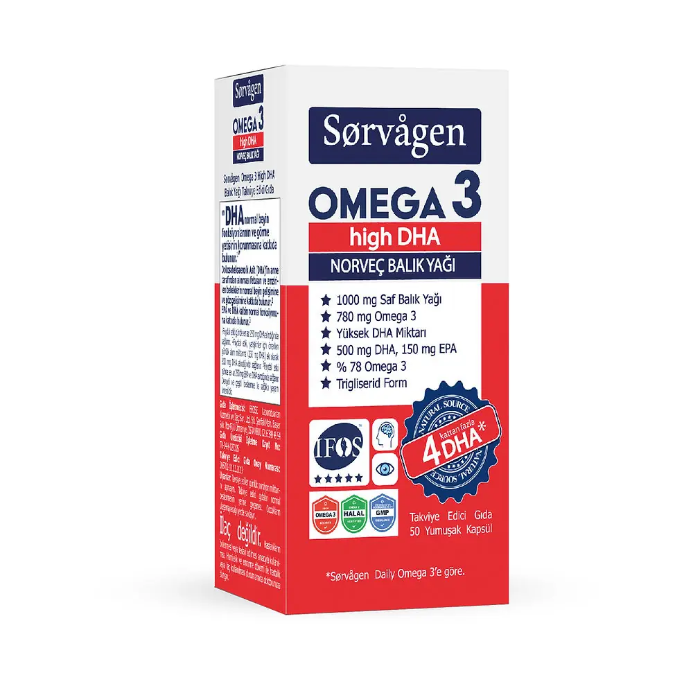 Sorvagen Omega 3 High DHA Balık Yağı 1000 mg 50 Kapsül kutu ve ambalaj