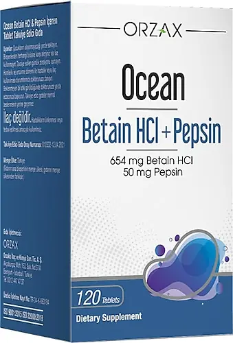 Orzax Ocean Betain HCL + Pepsin Tablet Betain ve Pepsin İçeren Takviye Edici Gıda 120 Tablet kutu ve ambalaj